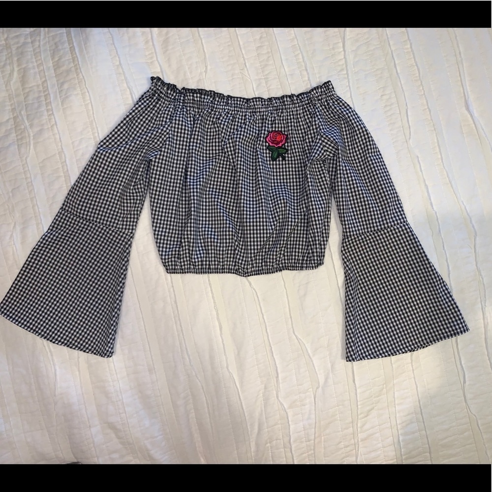 Gingham black and white off the shoulder crop top